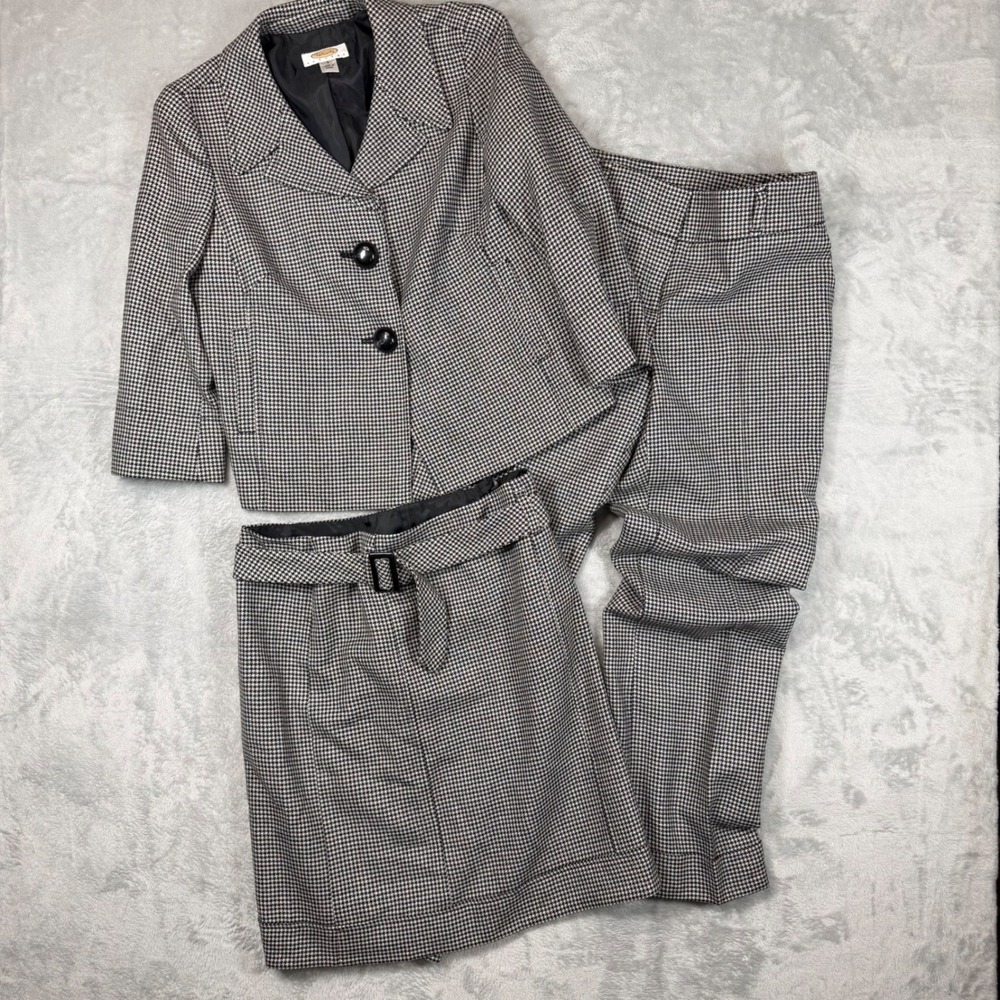 Talbots Petites 3-Piece Suit Set Houndstooth Blazer Skirt Pants Black White 4P